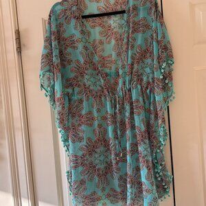 Bleu Rod Beattie Turquoise Paisley Swim Suit Cover Up Caftan with fringe  Size L
